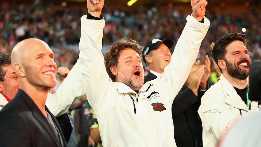 Russell Crowe celebrates' Rabbitohs title win