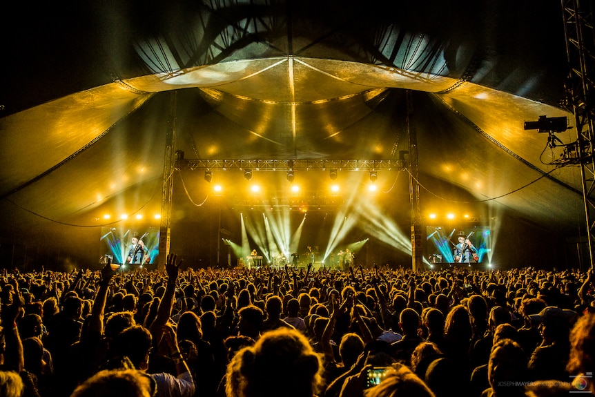 Crowds at Byron Bay Bluesfest, arms in the air.