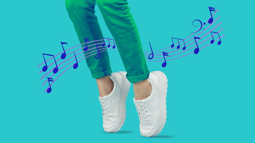 Drawing of two legs in green pants with white sneakers, up on tippy toes, with musical notes around them.