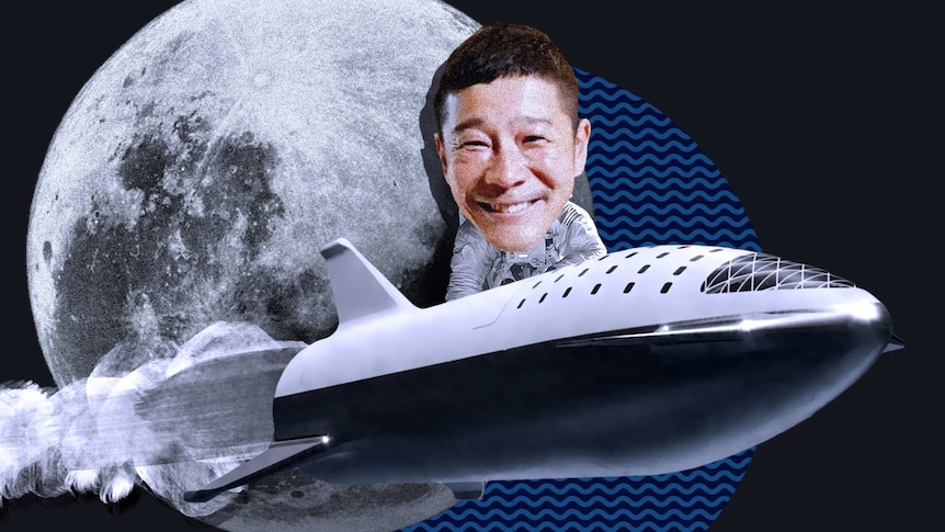 A caricature of Japanese billionaire Yusaku travelling in a SpaceX rocket around the moon.