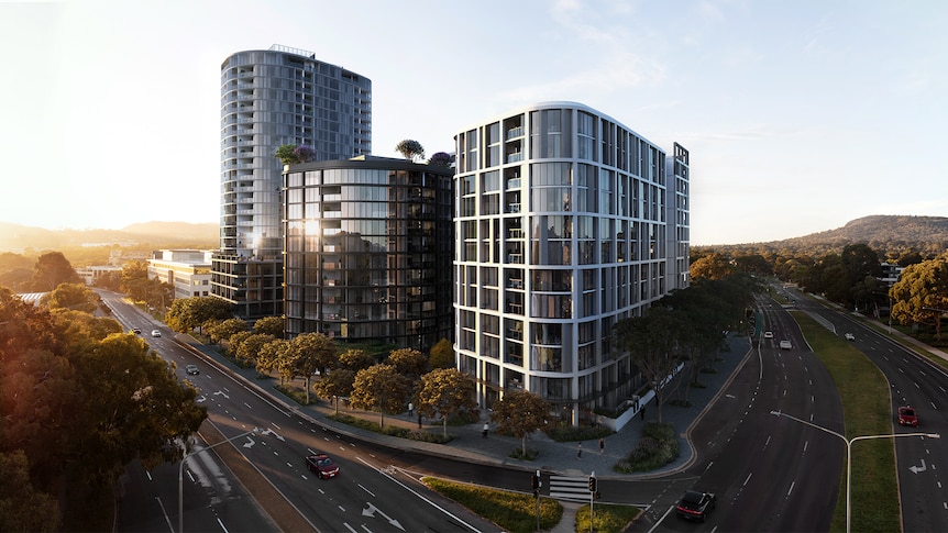 An artist's impression of a large apartment precinct, standing high above the street.