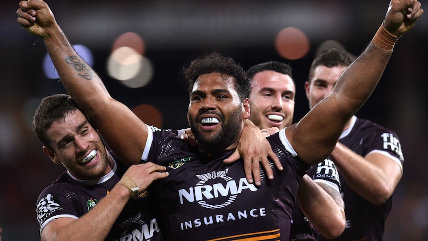 Sam Thaiday of the Brisbane Broncos celebrates a try against the Bulldogs at Lang Park.