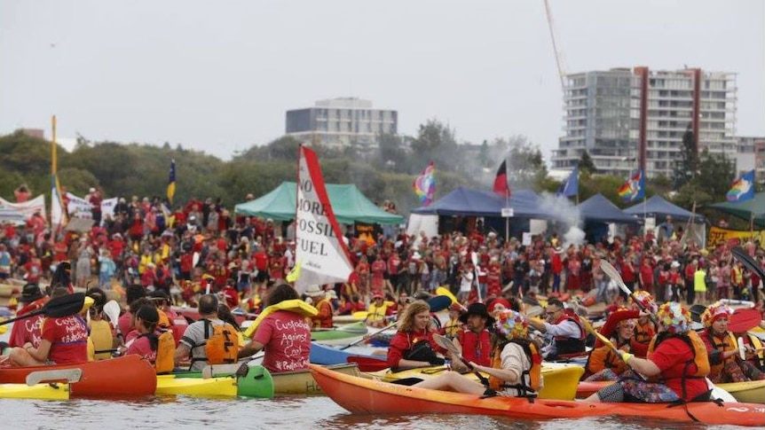 A group of people in kayaks take to the water.