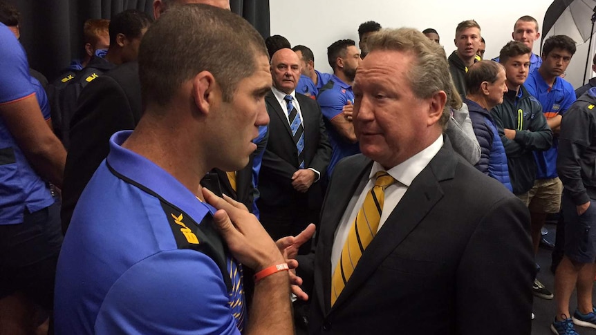 Andrew Forrest in conversation with Western Force rugby captain Matt Hodgson.