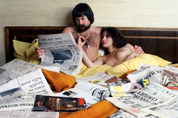 Derryn Hinch with playmate Allyson Best at the Hilton 1979