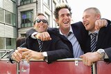 Michael Vaughan, Kevin Pietersen and Andrew Flintoff celebrate on board the England party bus.