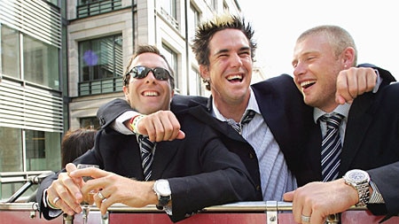 Michael Vaughan, Kevin Pietersen and Andrew Flintoff celebrate on board the England party bus.