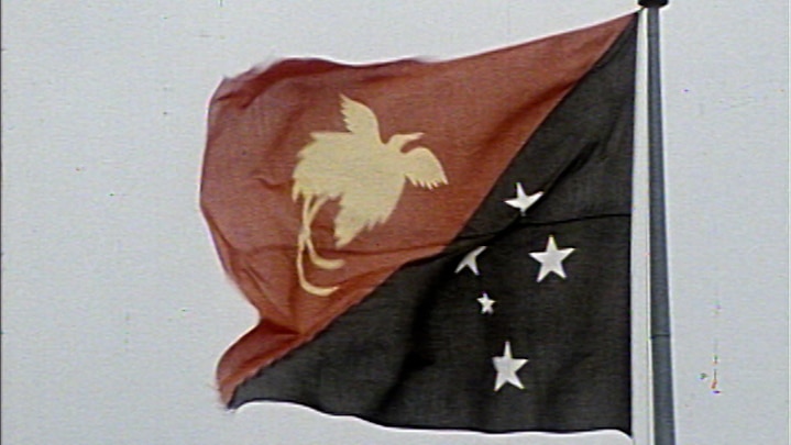 The Papua New Guinea flag raised on a flagpole on an overcast day.