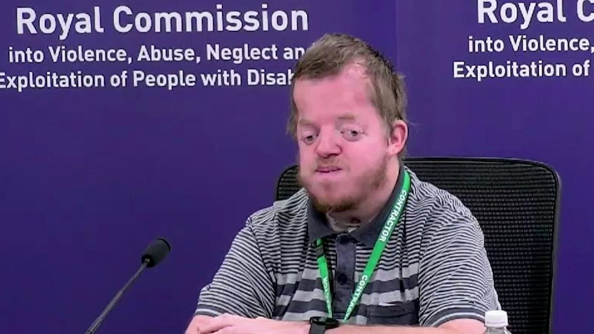 A screenshot of Greg Tucker giving evidence, in front of a purple Royal Commission banner.