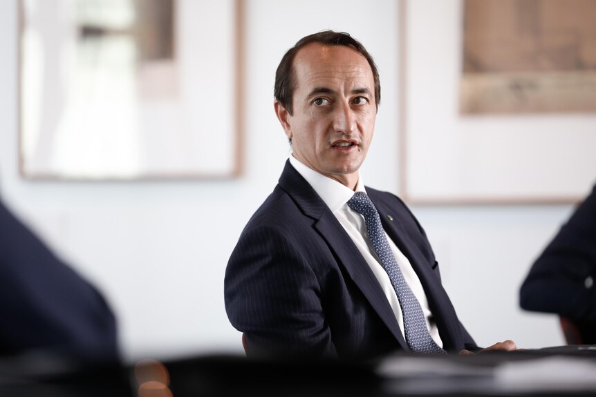 Dave Sharma sitting on a chair looking to his right mid-sentence wearing a suit and tie