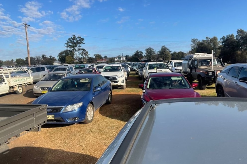 Lines and lines of cars in a country town.