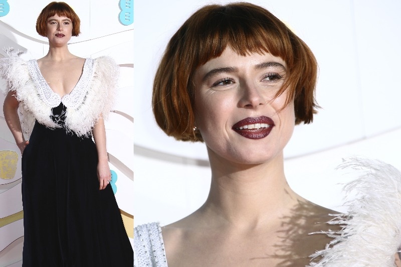 A composite image of Jessie Buckley wearing a long back dress with a white fringed top.