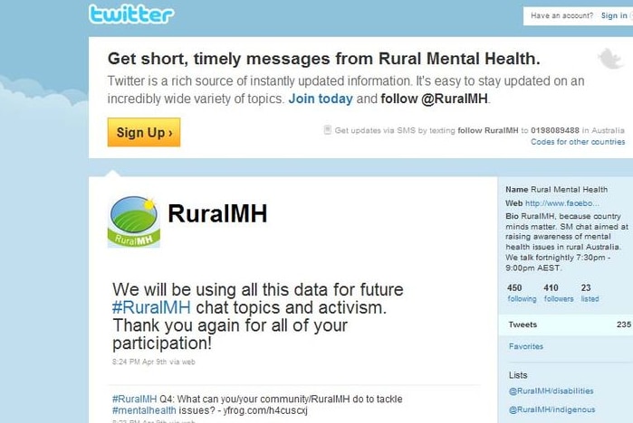 The Twitter page of Rural Mental Health group, taken April 11, 2011.