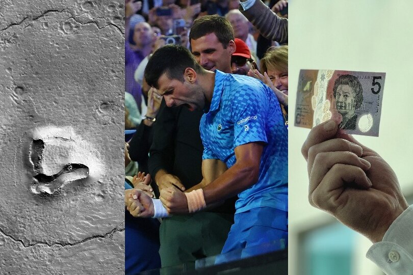 A satellite image appearing to show a face in the ground, novak djokovic celebrating, and a hand holding a $5 note