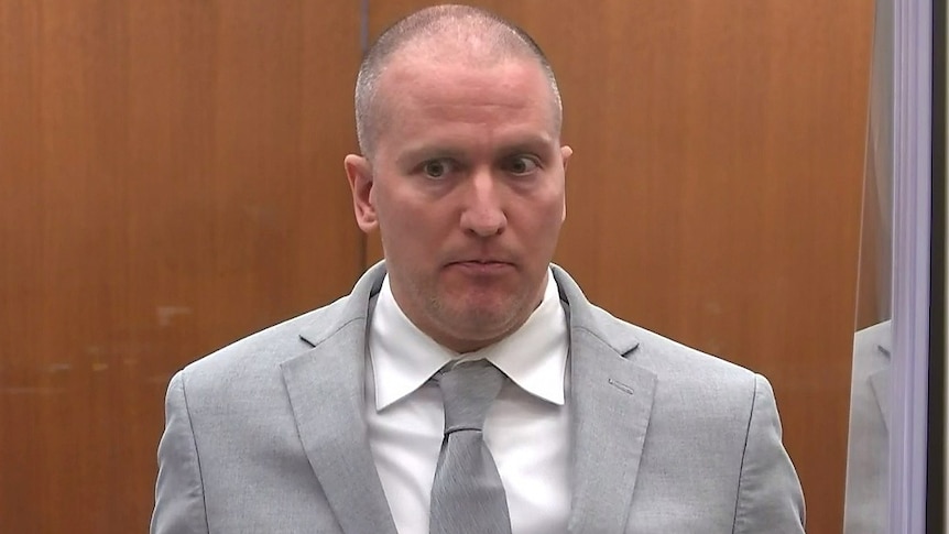 A still capture from a video of courtroom footage showing Derek Chauvin at his sentencing hearing, June 2021.