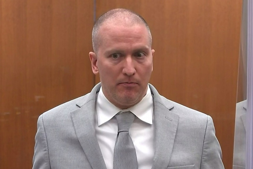 A still capture from a video of courtroom footage showing Derek Chauvin at his sentencing hearing, June 2021.