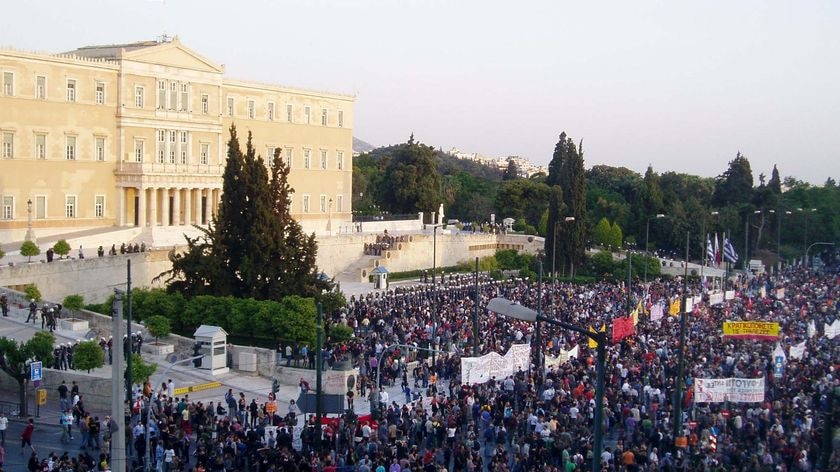 Demonstrators gather in front of the Greek Parliament