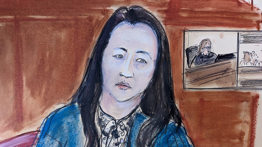 A court sketch of a seated Asian woman in blue jacket with black and white shirt.