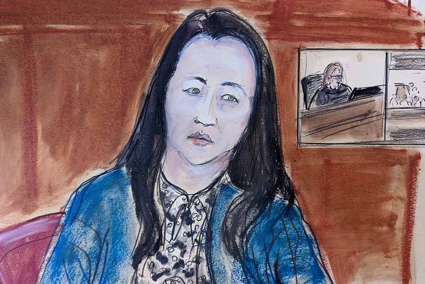 A court sketch of a seated Asian woman in blue jacket with black and white shirt.