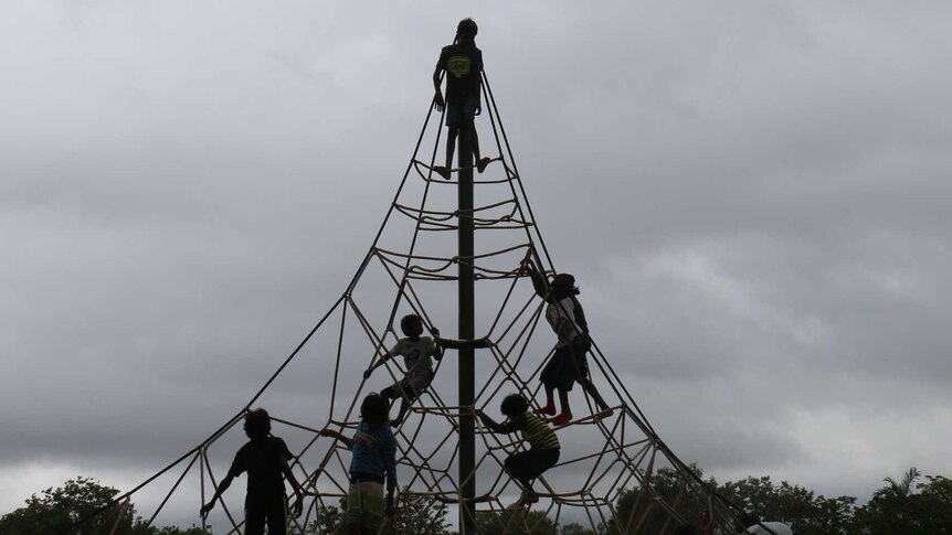 Children from the flooded community of Daly River kids on a climbing gym.