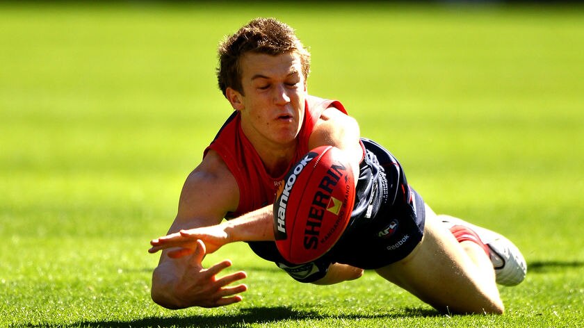Getting to work: Melbourne draftee Jack Trengove kept himself busy with 23 touches, three tackles and a goal.