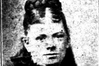 A black-and-white photograph of a woman, dressed in black, from an old newspaper article.