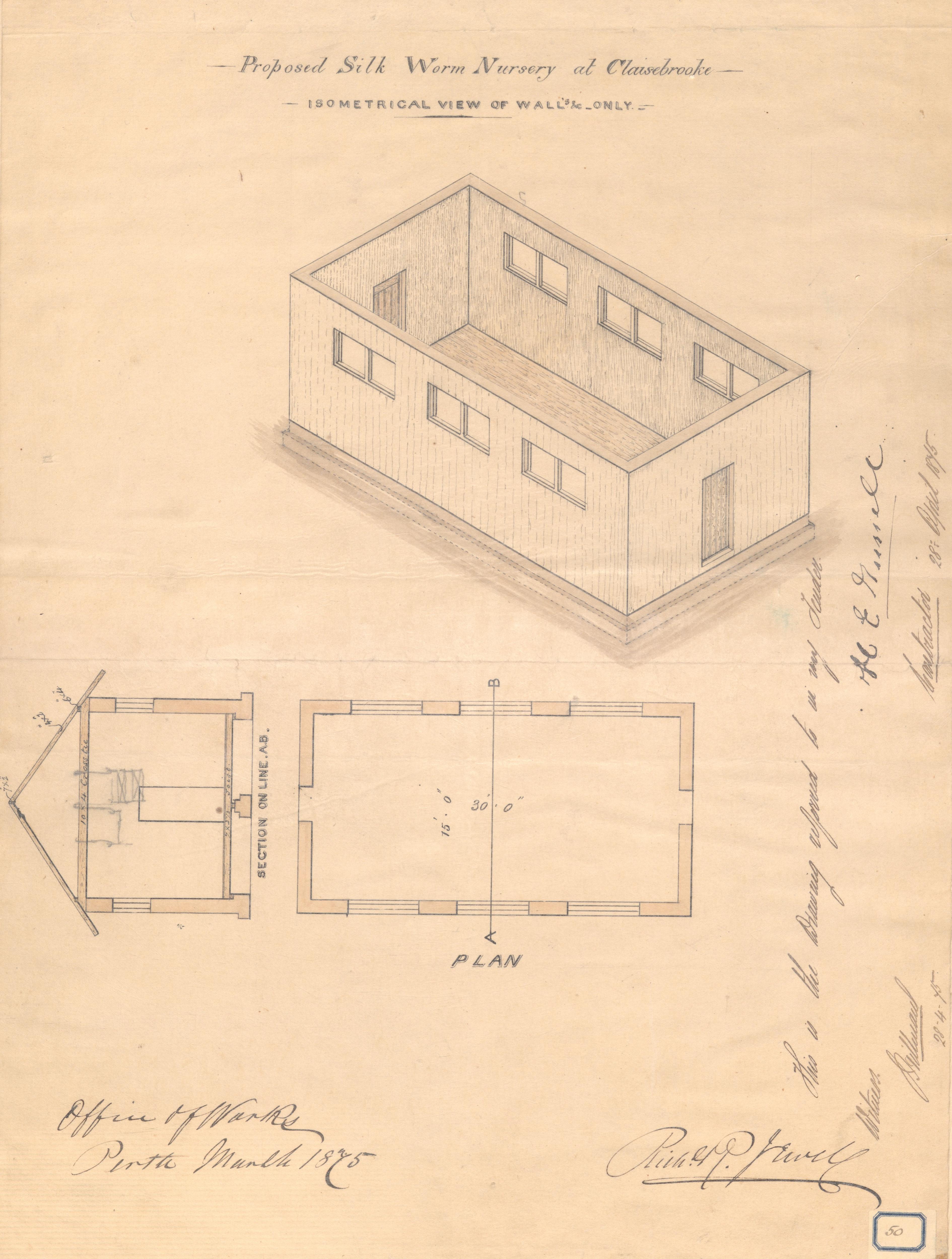 An architectural sketch of a proposed silkworm nursery in Claisebrook 1875. 