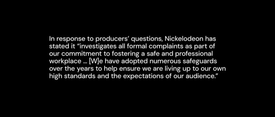 An example of the responses from Nickelodeon that appears in Quiet on Set. 