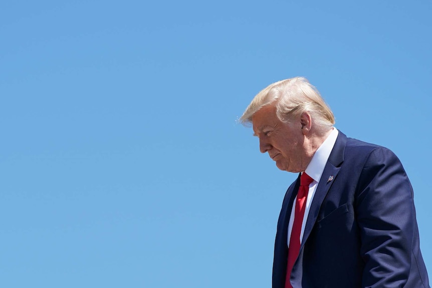 Donald Trump's profile against a bright blue sky