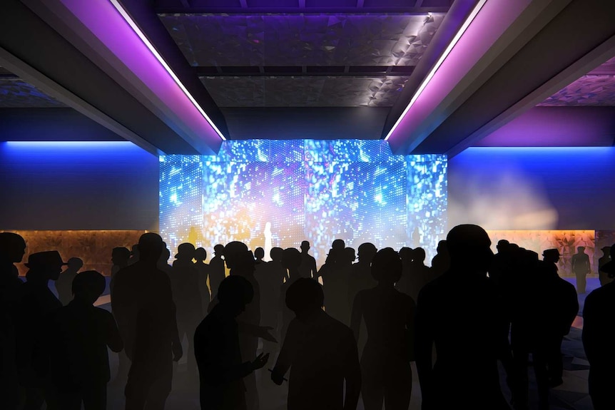 An artist's impression of a darkened room, there is a bright screen in the background but the people are silhouetted.