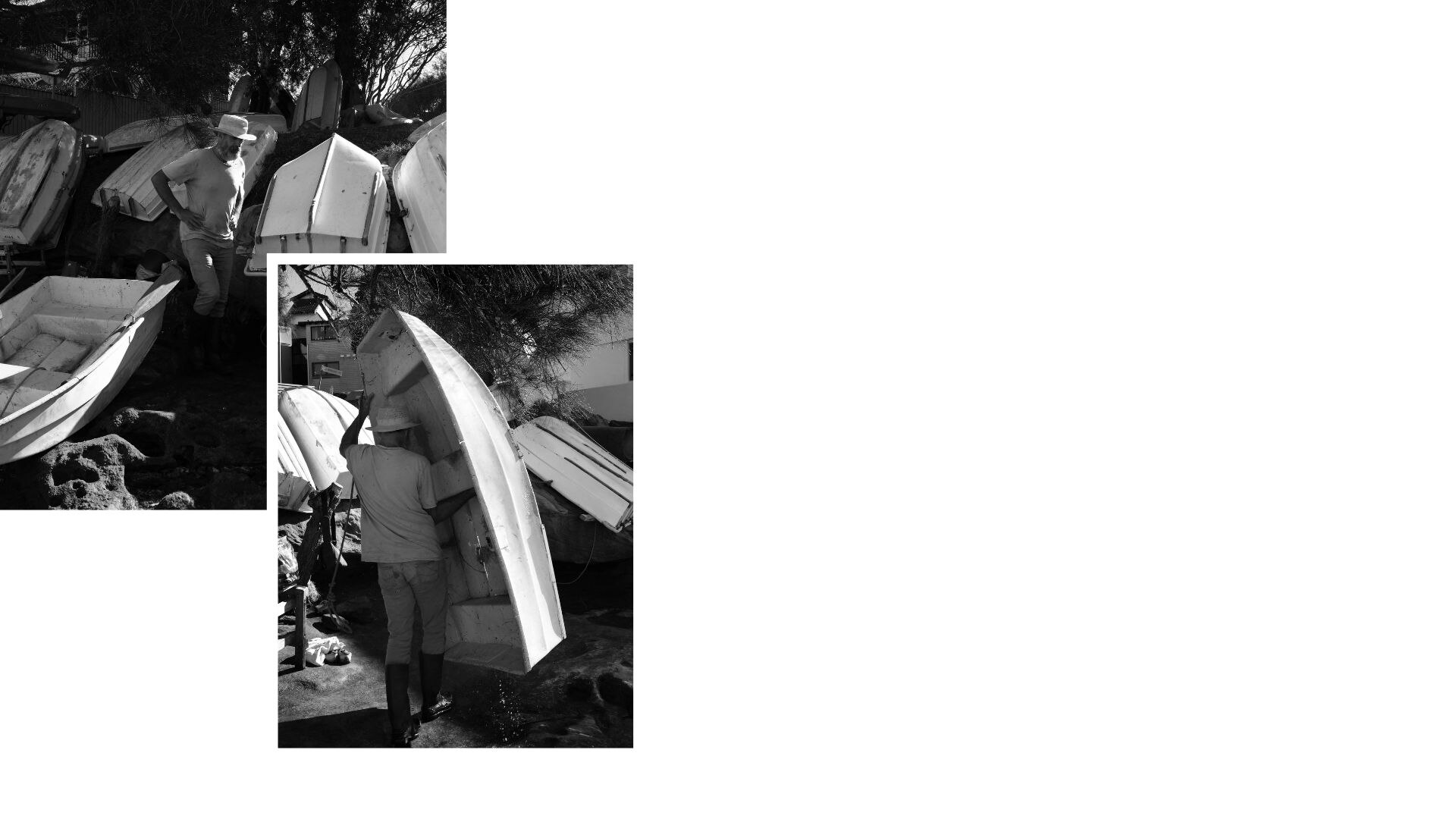 Two images of a man taking a dinghy up onto the sand. 