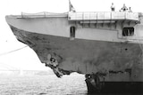 HMAS Melbourne after crashing with HMAS Voyager in 1964.