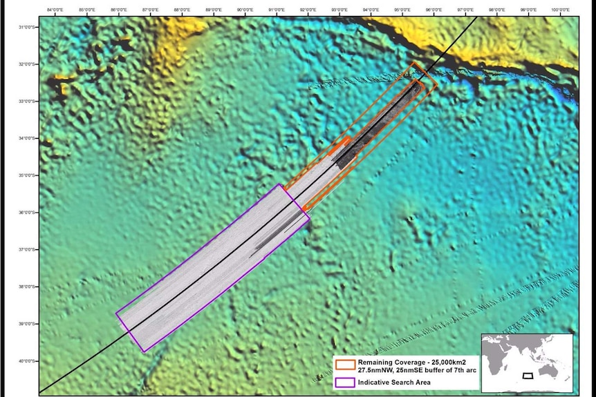 Map of the current and new search areas for MH370.