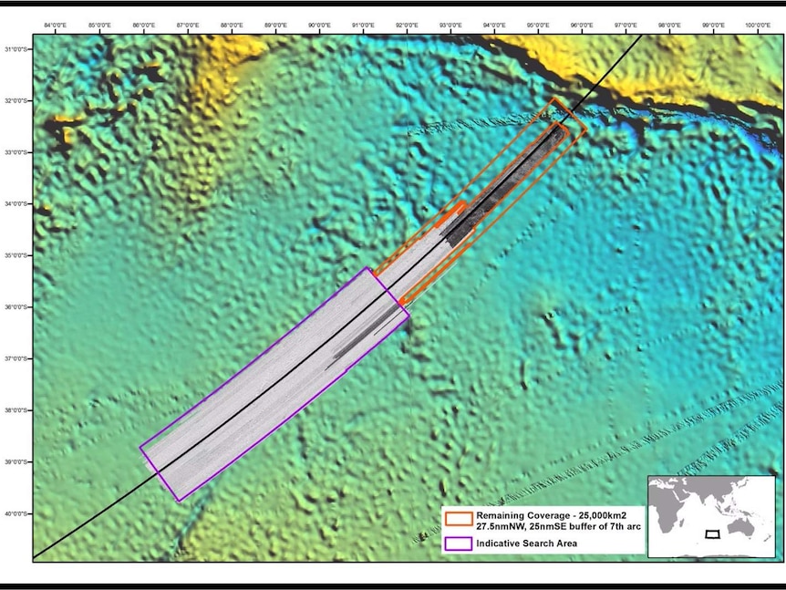 Map of the current and new search areas for MH370.