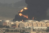 A burning oil depot in Saudi Arabia