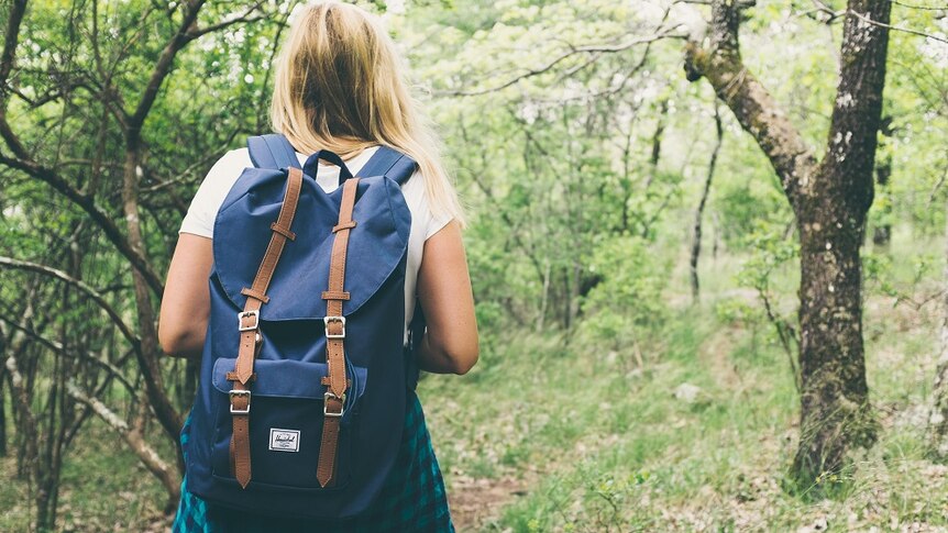 A picture of a woman with a backpack looking into a forest