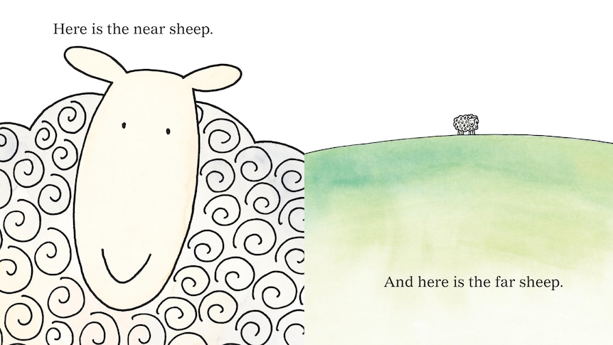 An illustration of a sheep up close and a sheep far away with the words: Here is the near sheep. And here is the far sheep.