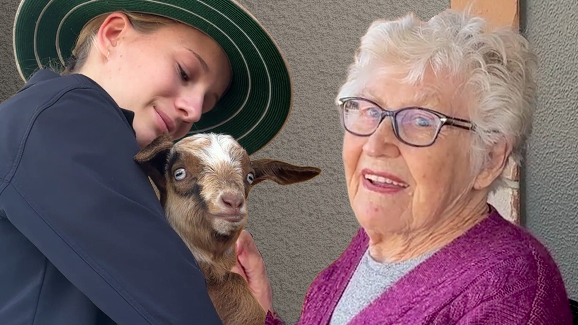 Teenager holds goat alongside smiling woman with grey hair