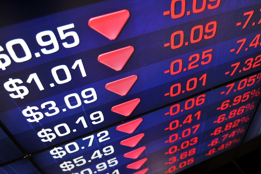 An ASX screen displays stock market prices dropping, with red down arrows next to share prices.