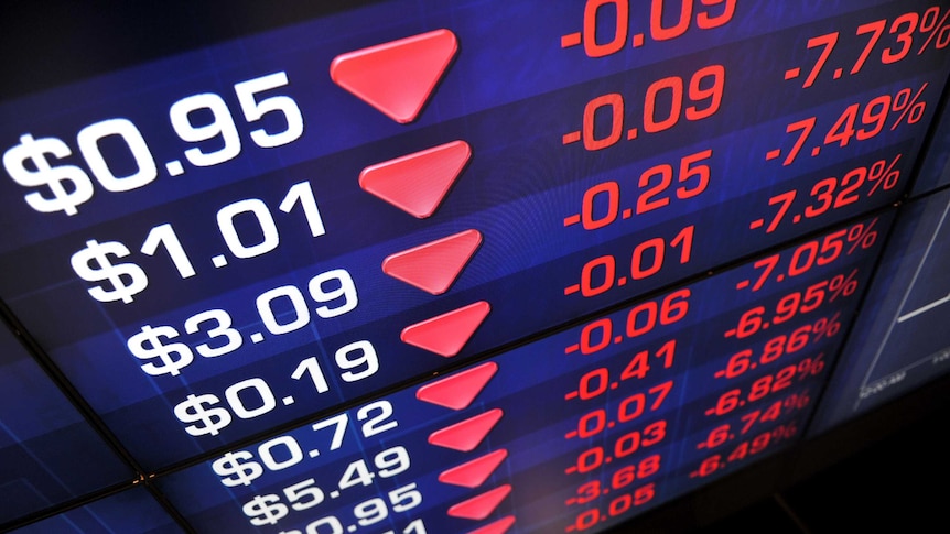An ASX screen displays stock market prices dropping, with red down arrows next to share prices.
