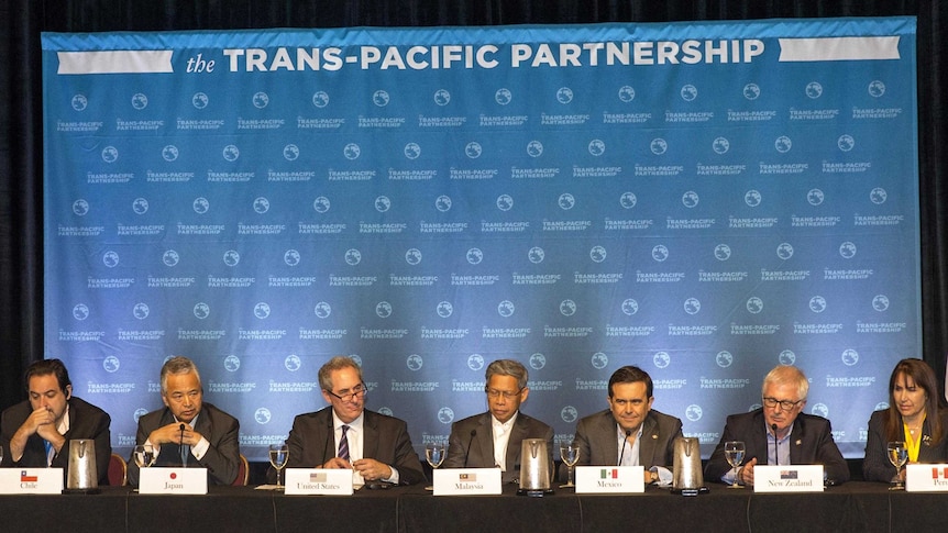 The twelve Trans-Pacific Partnership Ministers sit at a long table while holding a press conference.
