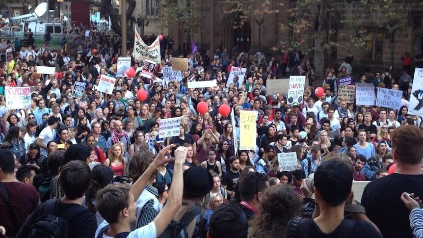 University students protesting the budget march gather at Town Hall in the Sydney CBD.
