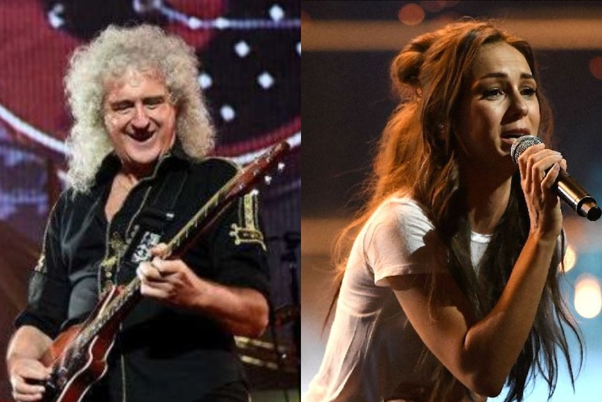 A composite image of Brian May playing guitar and Amy Shark singing