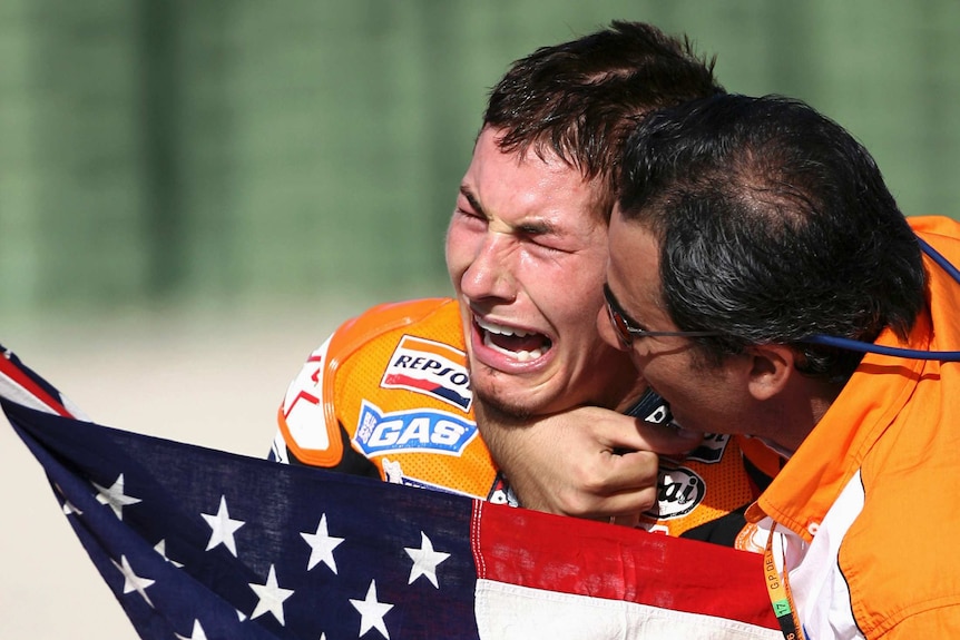 Nicky Hayden cries after winning world title