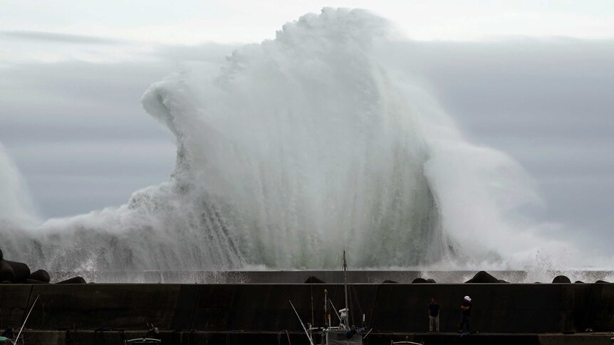 A massive wave crashes into a wall shielding boats at a port.