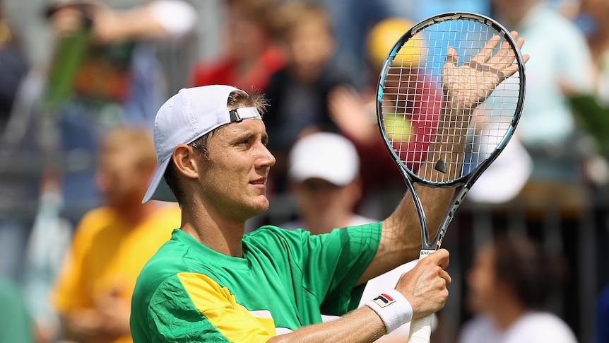 Working the crowd ... Matthew Ebden thanks the Geelong faithful after downing Ya-Nan Ma.