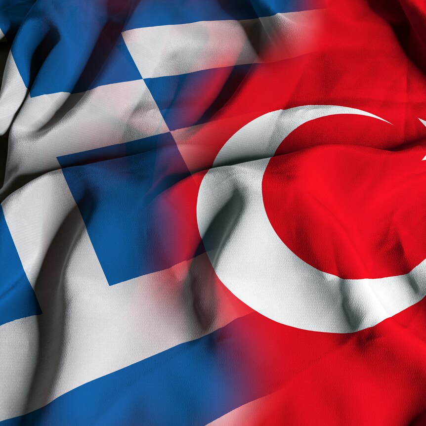 Close up illustration showing national flags of Greece and Turkey.