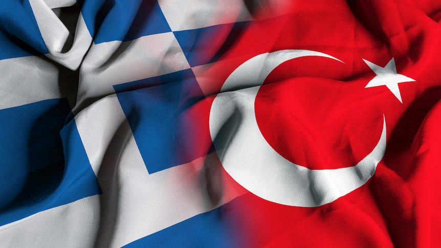 Close up illustration showing national flags of Greece and Turkey.