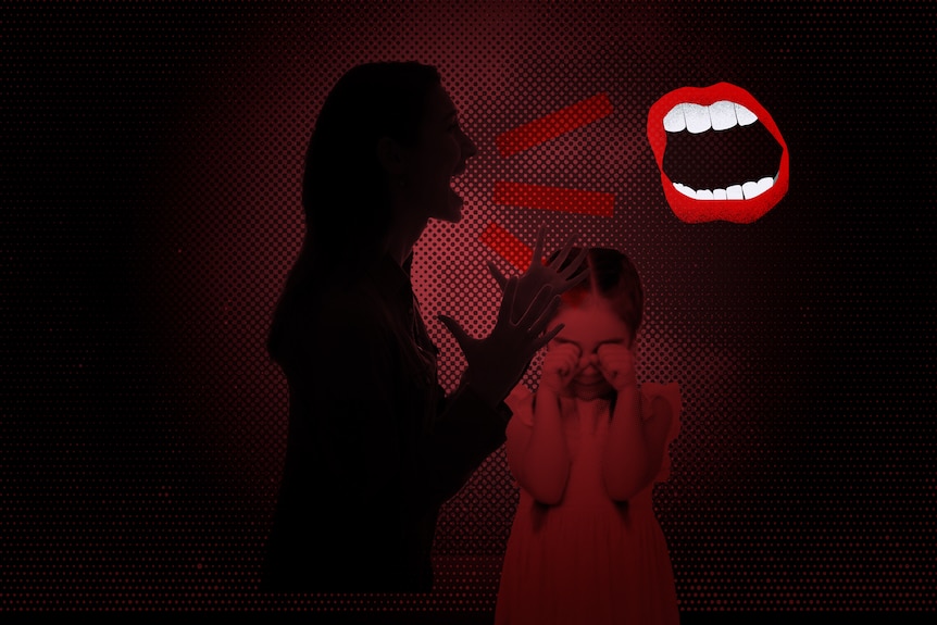 A digitally produced image of a woman in silhouette shouting. A young girl is rubbing her eyes in the background. 