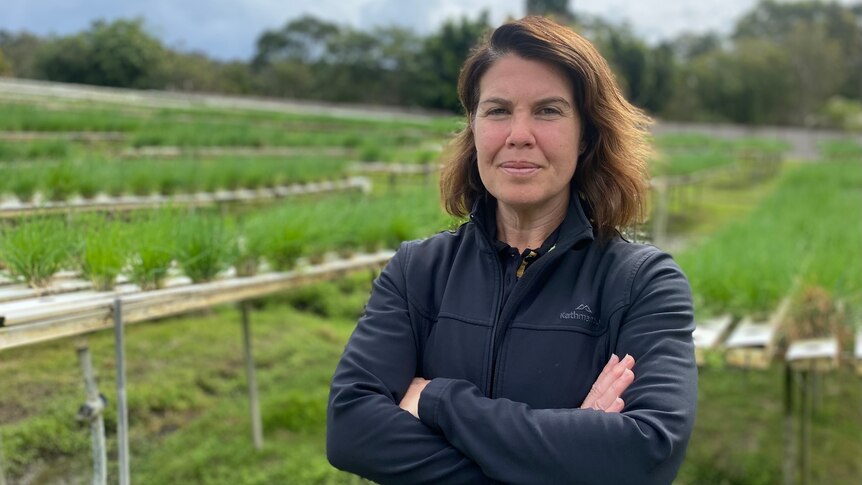 Woman stares at camera with arms crossed and lettuce growing behind her